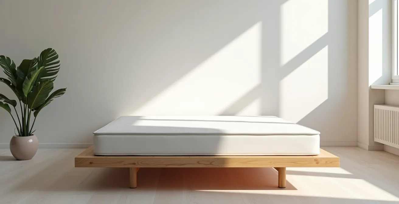 Chambre minimaliste avec matelas sur structure en bois naturel