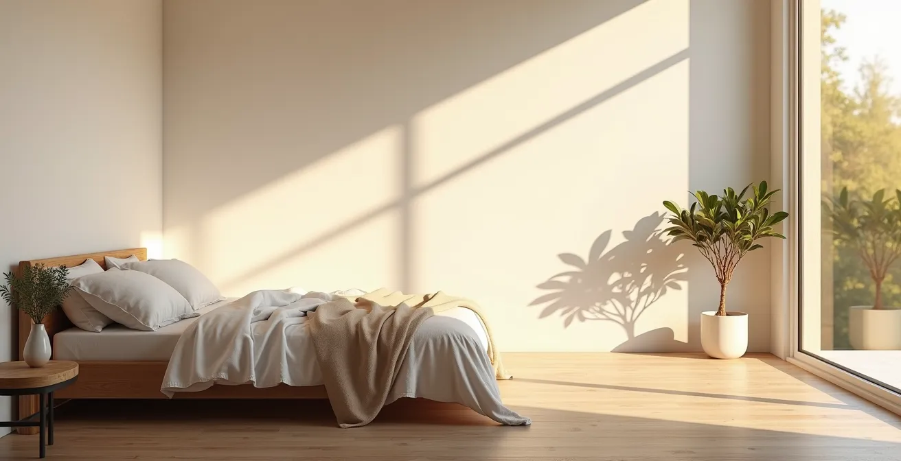 Chambre épurée avec lumière douce montrant un environnement propice au sommeil réparateur