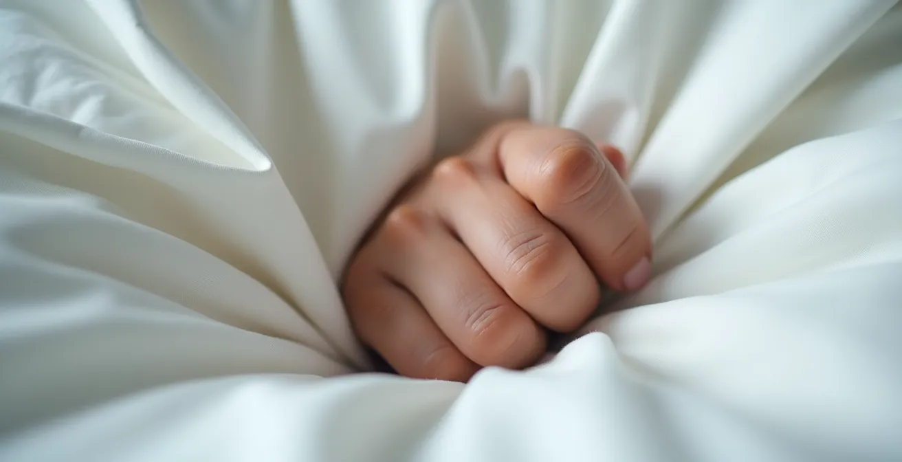 Gros plan sur une main crispée sur un drap montrant la tension musculaire nocturne